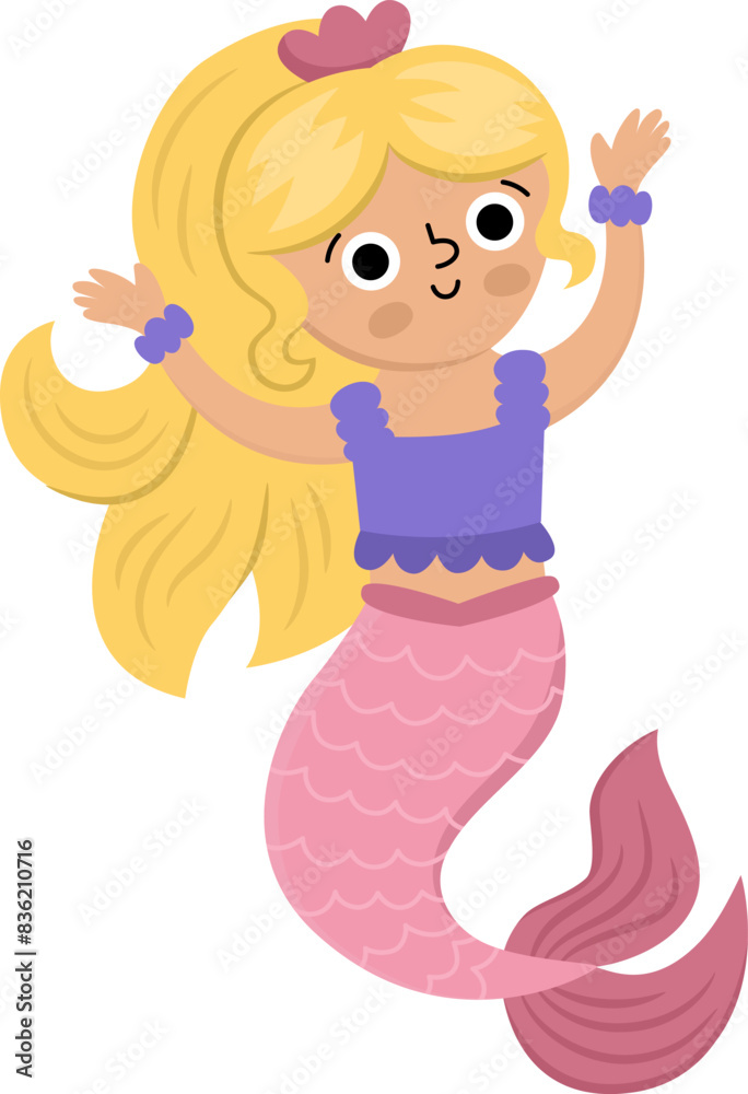 Fairy tale vector mermaid with blond hair. Fantasy fish girl isolated on white background. Fairytale sea princess with hands up. Treasure island, underwater adventure icon. Cute siren character Fairy tale vector mermaid with blond hair. Fantasy fish girl isolated on white background. Fairytale sea princess with hands up. Treasure island, underwater adventure icon. Cute siren character