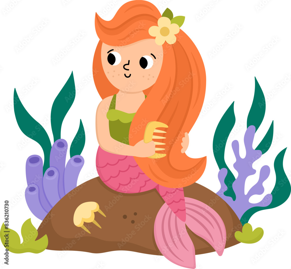 Fairy tale vector mermaid sitting on a rock, combing her hair. Fantasy fish girl isolated on white background. Fairytale sea princess. Cute siren character. Underwater adventure icon. Fairy tale vector mermaid sitting on a rock, combing her hair. Fantasy fish girl isolated on white background. Fairytale sea princess. Cute siren character. Underwater adventure icon.