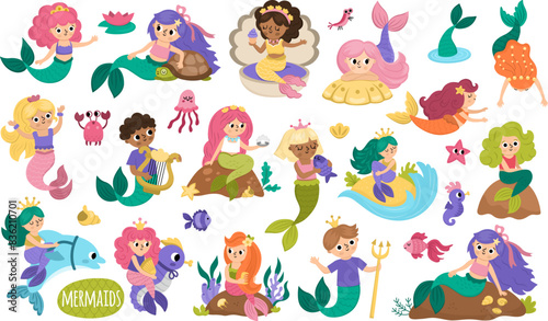 Vector mermaids set. Underwater kingdom collection with ocean princess, prince. Cartoon marine fairytale characters for kids. Water adventures clipart with sirens swimming, sitting on rock.