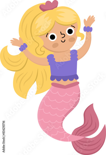 Fairy tale vector mermaid with blond hair. Fantasy fish girl isolated on white background. Fairytale sea princess with hands up. Treasure island, underwater adventure icon. Cute siren character