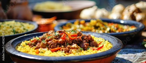 A white plate holds pilaf, a Central Asian dish, presented in a traditional style with a Nauryz theme, emphasizing selective focus and shallow depth of field for a copy space image.