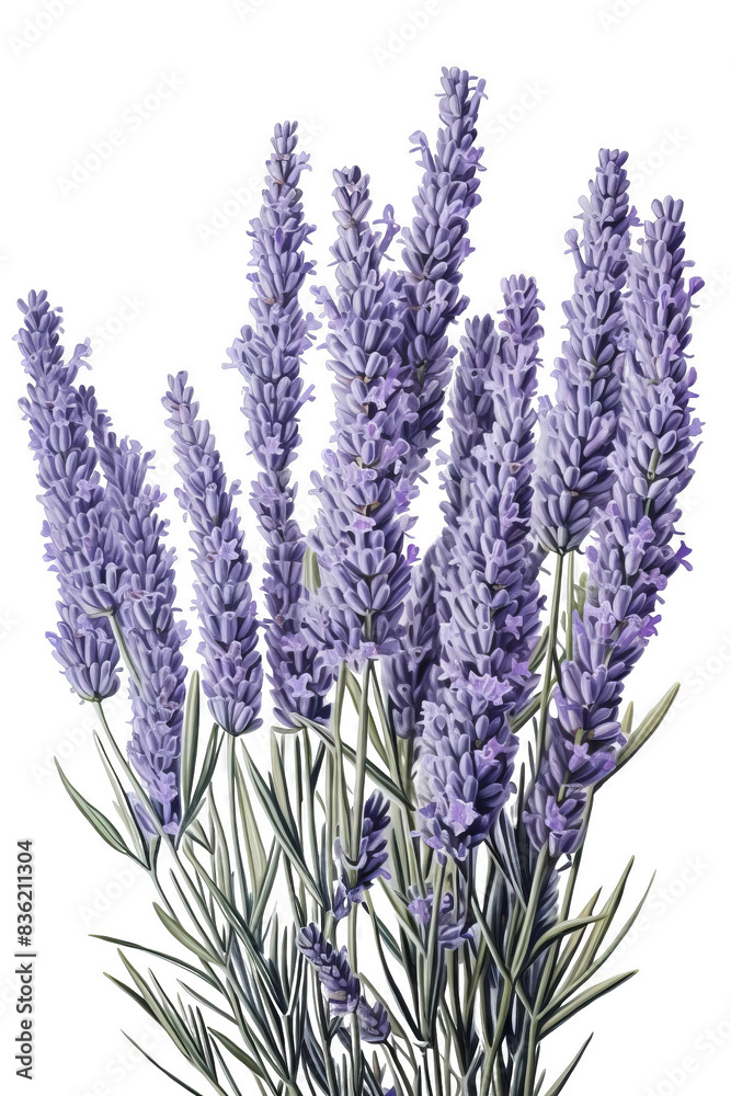 Naklejka premium A close-up of a bouquet of lavender flowers. The purple blooms are in focus, with the green stems blurred in the background.