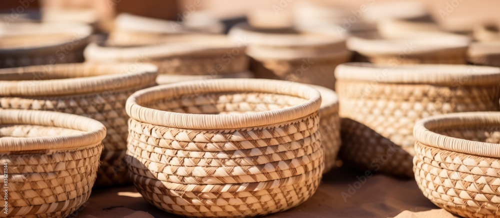 Authentic, handcrafted wicker in a Bedouin ambiance in Saudi Arabia with a round design, ideal for showcasing in a copy space image.