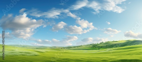 Scenic landscape featuring yellow dandelions against a clear blue sky  with space for text or graphics in the background image. Copy space image. Place for adding text and design