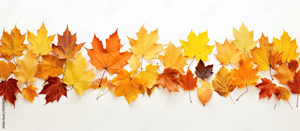 Obraz premium A wide panorama format displaying vibrant, colorful autumn leaves bordering a white background - perfect for a copy space image.