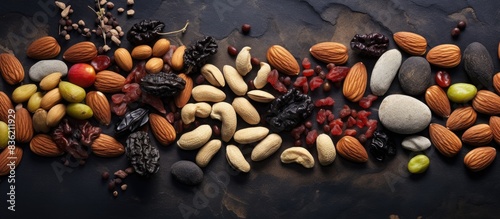 Fototapeta Naklejka Na Ścianę i Meble -  Top-down view of an array of nuts and dried fruits displayed on a stone table with a blank space for an image. Copy space image. Place for adding text and design