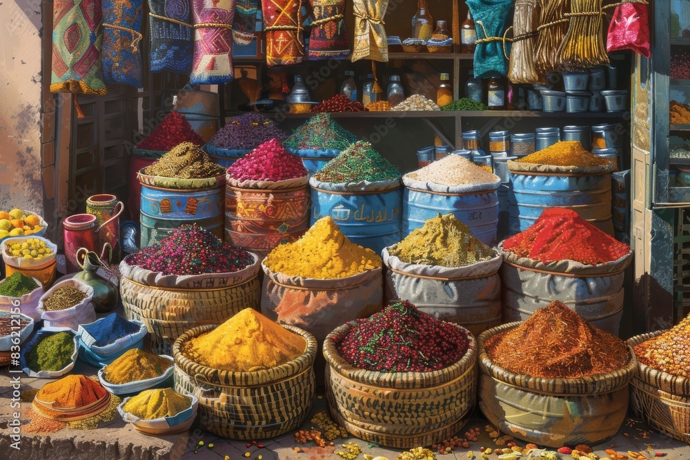 Vibrant Spices Fill A Market Stall In A Busy Middle Eastern Bazaar Vibrant Spices Fill A Market Stall In A Busy Middle Eastern Bazaar