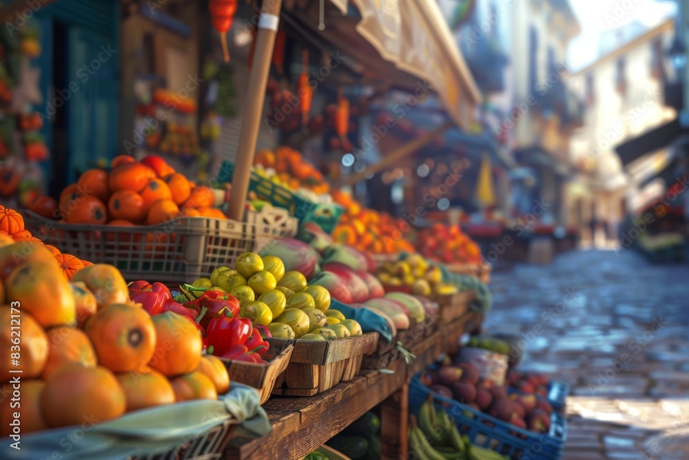 A Vibrant Display of Fresh Produce at a Bustling Mediterranean Market A Vibrant Display of Fresh Produce at a Bustling Mediterranean Market