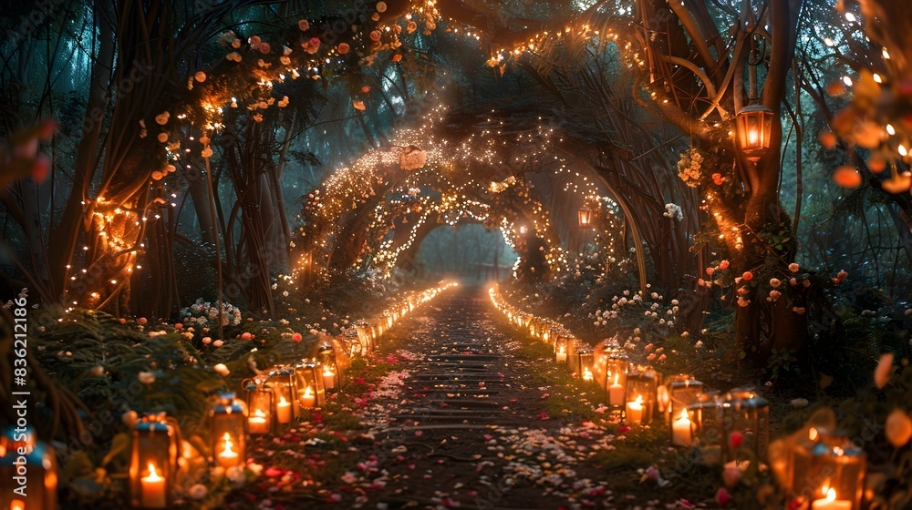 Enchanting Autumn Forest Path Aglow with Twinkling Fairy Lights Enchanting Autumn Forest Path Aglow with Twinkling Fairy Lights