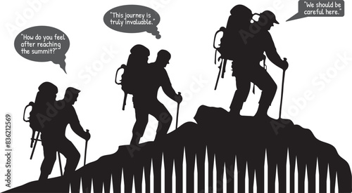 Silhouette of people heading to the summit, illustration of people chatting in the mountains heading to the summit