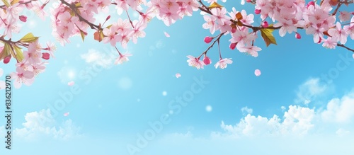Spring background with blooming pink Japanese Quince flowers against a sunny blue sky  ideal for adding text with a copy space image.