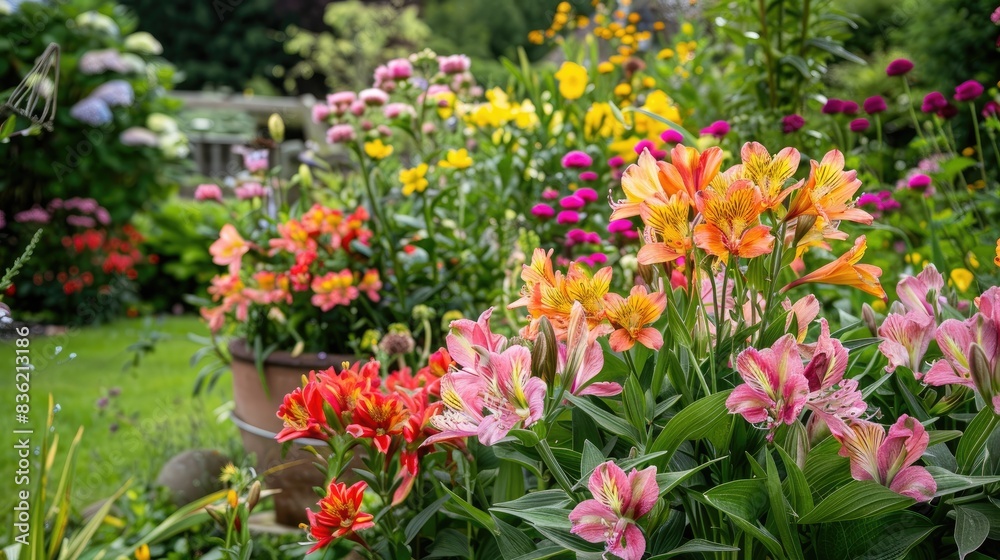 Alstroemeria Apollo with Summer Flowers in a Country Cottage Garden in Rural Devon Alstroemeria Apollo with Summer Flowers in a Country Cottage Garden in Rural Devon
