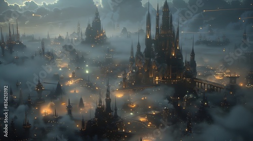 Majestic Fantasy City of Towers and Spires Glowing in the Misty Moonlit Night photo