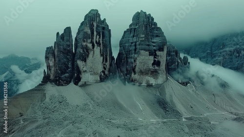 Majestic Ra Gusela peak enveloped in fog in the Dolomites, Italy, displaying a dramatic and moody landscape. photo