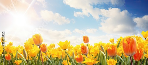Easter-themed backdrop featuring lovely spring blooms  ideal for copy space image.