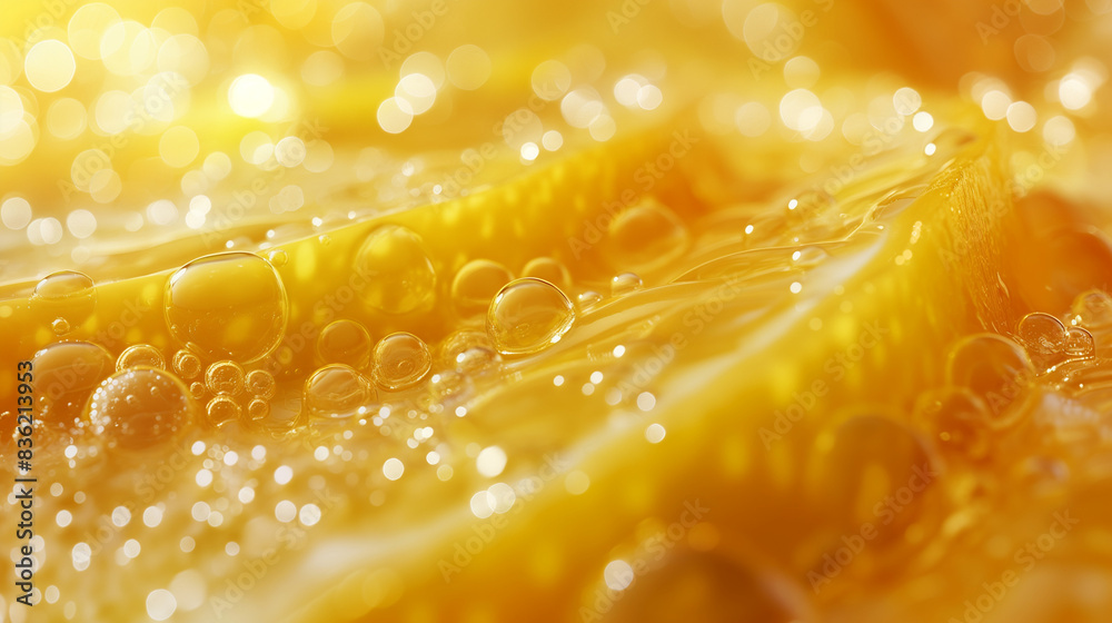 lemon drops of oil or serum texture background. Abstract lemon fluid with bubbles.