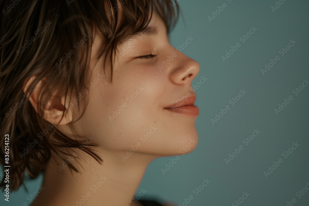 A close up of a woman's face with her eyes closed looking to a side A close up of a woman's face with her eyes closed looking to a side