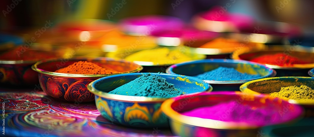 Fototapeta premium Colorful holi powder bowls seen from above on a dark backdrop, with room for text. Celebrating the Indian festival of colors known as Holi. Copy space image. Place for adding text and design