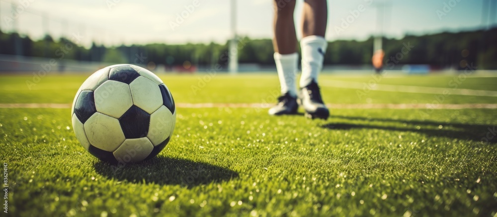 Fototapeta premium Photo of a soccer ball being kicked by a player, with copy space image.