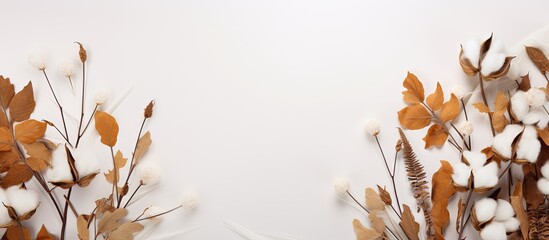 Elegant autumn arrangement with eucalyptus, cotton flowers, and dried leaves on a soft gray backdrop. Represents the fall season. Top view with ample copy space image.