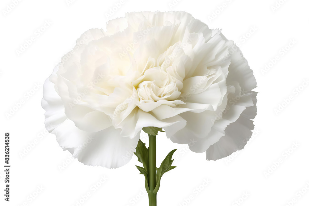 A single, pristine white carnation with delicate petals. The flower is isolated on a black background.