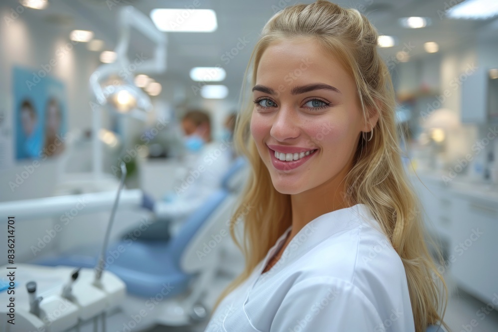 A female dentist smiles confidently while working in a well-equipped dental office