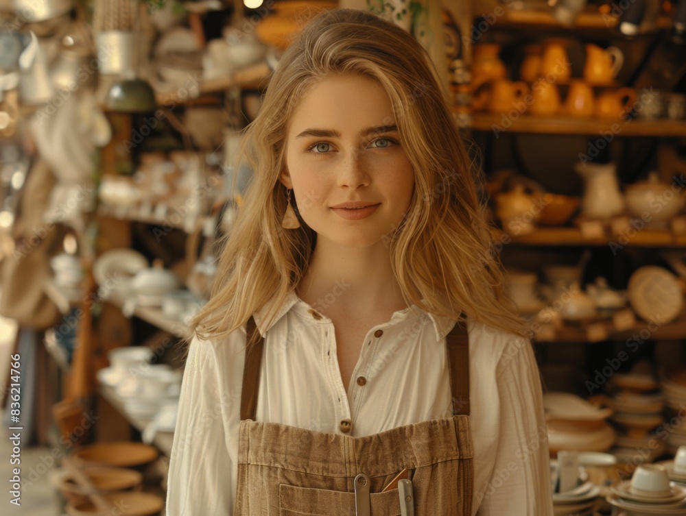 A young female potter with a confident smile, standing in a workshop full of pottery. A young female potter with a confident smile, standing in a workshop full of pottery.