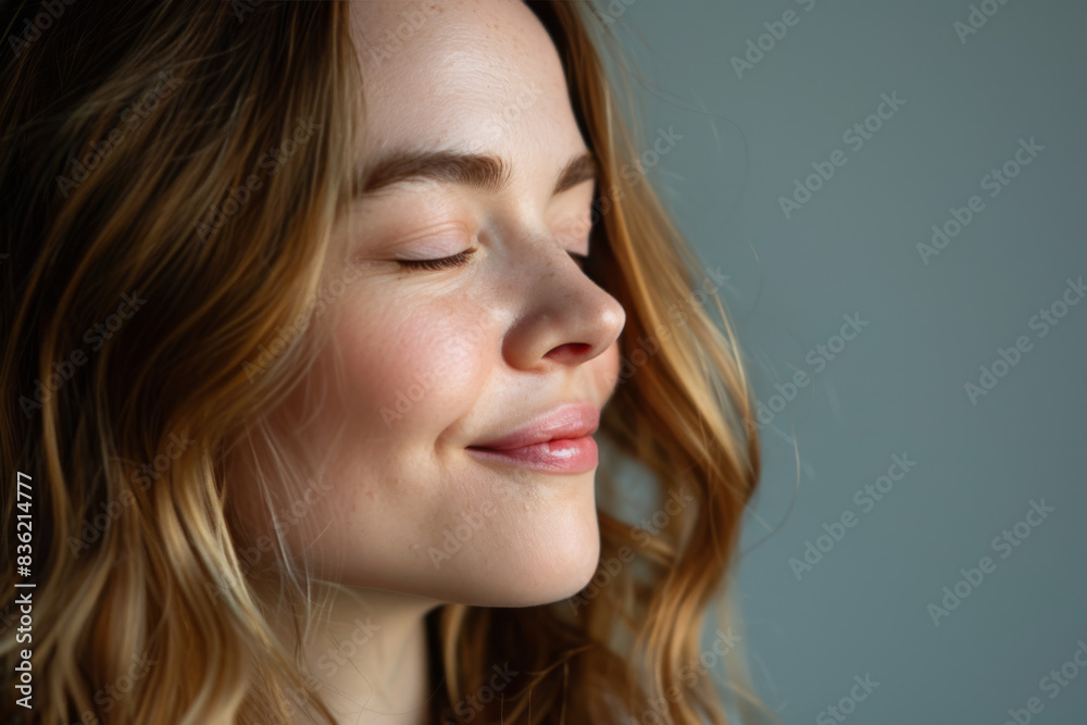 A close up of a woman's face with her eyes closed looking to a side A close up of a woman's face with her eyes closed looking to a side