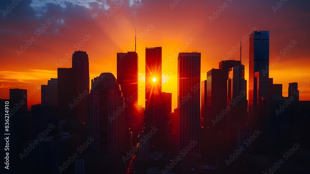 Fototapeta premium Sunset behind tall skyscrapers in a vibrant city
