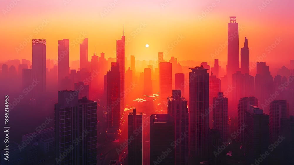 Fototapeta premium Sunrise illuminating skyscrapers in a modern city