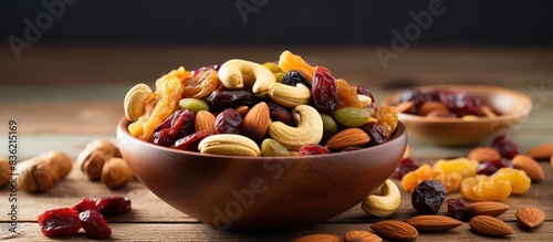 Fototapeta Naklejka Na Ścianę i Meble -  A wooden bowl holding a mix of dried fruits and nuts with copy space image.