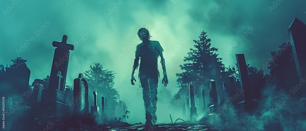 Bones and skulls emerging from a cemetery, a zombie rising in the dark