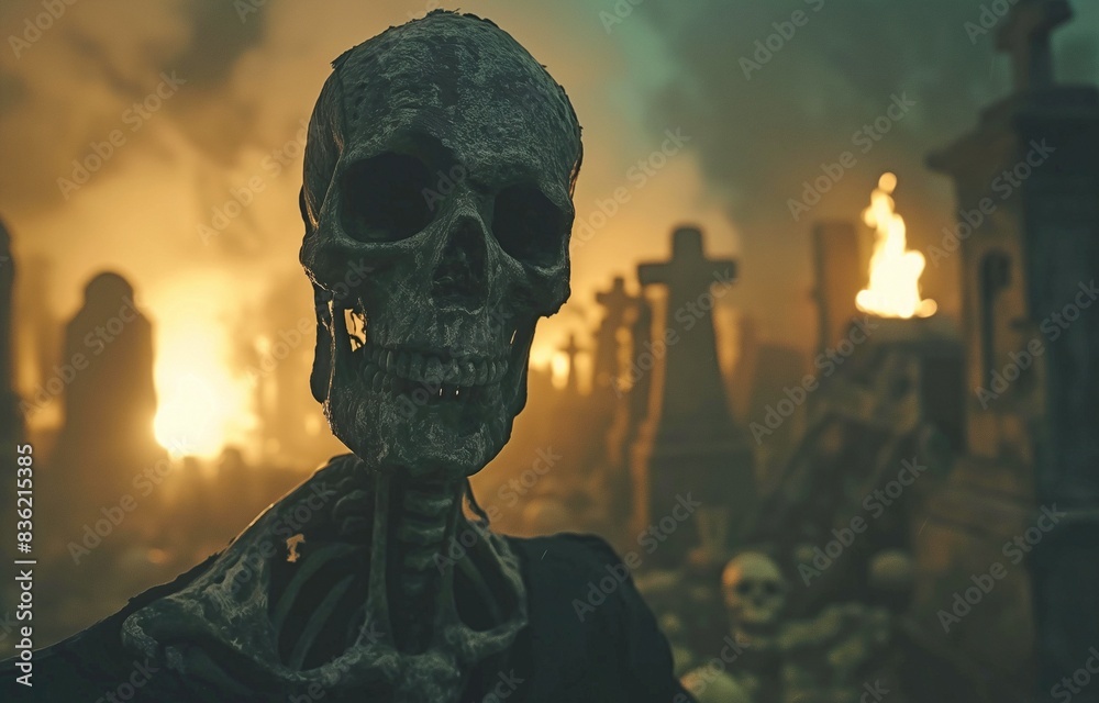 Bones and skulls emerging from a cemetery, a zombie rising in the dark