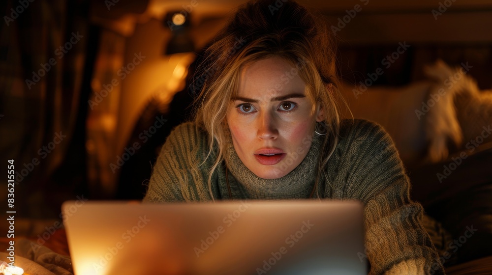 Woman with surprised expression looking at a laptop screen at night, warm lighting adds coziness. Woman with surprised expression looking at a laptop screen at night, warm lighting adds coziness.