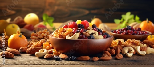 Fototapeta Naklejka Na Ścianę i Meble -  A wooden bowl holding a mix of dried fruits and nuts with copy space image.