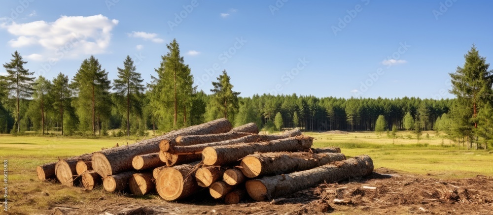 A deforested landscape with a line of tree stumps in a forest, depicting illegal logging with a copy space image. A deforested landscape with a line of tree stumps in a forest, depicting illegal logging with a copy space image.