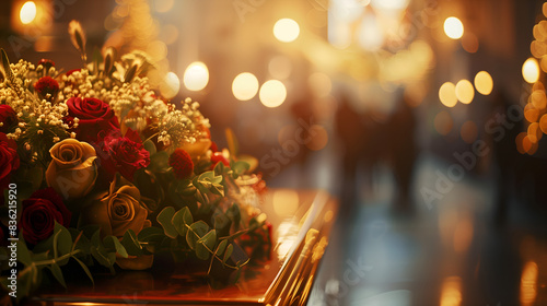Funeral service, featuring a casket with bouquet, on a blurred background people in suits, professional and compassionate service photo