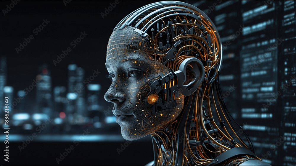 Futuristic imaginative woman profile in technology and computer programming theme with artificial intelligence and machine learning concepts. Futuristic imaginative woman profile in technology and computer programming theme with artificial intelligence and machine learning concepts.