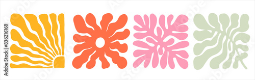 Groovy abstract flower art set. Organic doodle shapes in trendy naive retro hippie 60s 70s style. Contemporary poster and background. Floral botanic vector illustration
