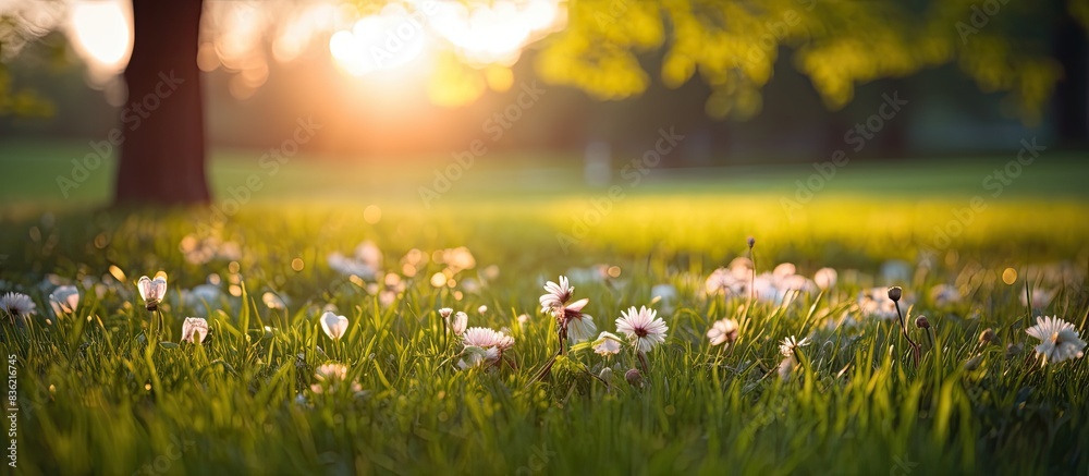 Fototapeta premium Nature background depicting a lush green forest in bloom during sunset with an empty space for adding images. Copy space image. Place for adding text and design