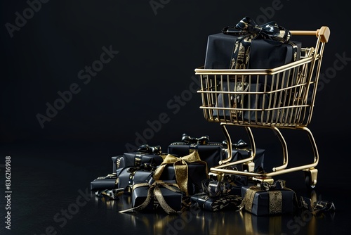 Luxurious golden cart filled with black gift boxes. Commercial style. photo