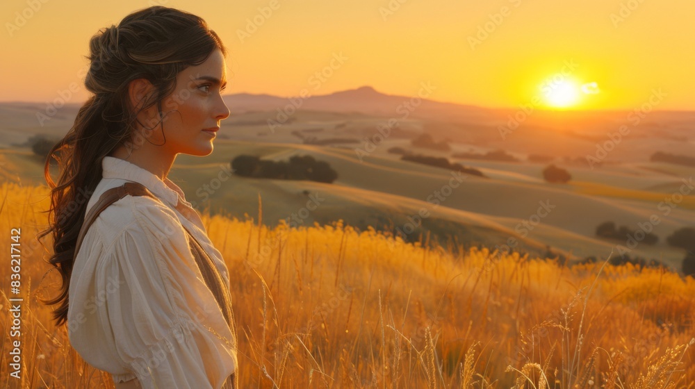 A young woman gazes at a sunset over rolling hills, the golden light accentuating a serene moment. A young woman gazes at a sunset over rolling hills, the golden light accentuating a serene moment.