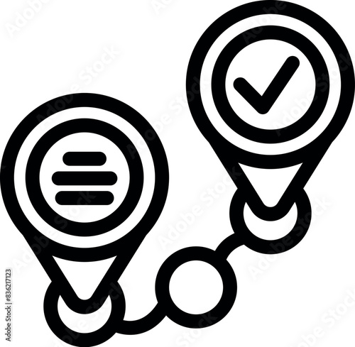 Route checkpoints concept icon with location pins and vector confirmation for navigation and map destination path journey