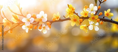 A beautiful springtime scene with blooming trees  spring flowers  and a bright sunny day  creating a stunning nature backdrop with copy space image.