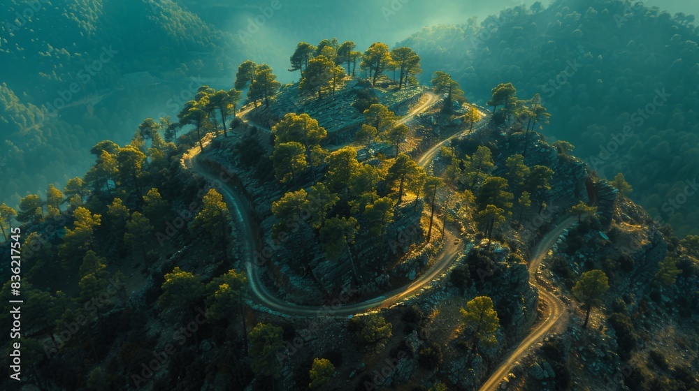 Aerial view of a serpentine mountain road surrounded by lush greenery under a soft light. Aerial view of a serpentine mountain road surrounded by lush greenery under a soft light.