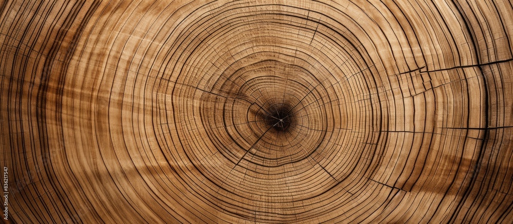 Fototapeta premium Slice of large tree trunk with rings, cracks on textured surface. Neutral brown hardwood background from forest with copy space image.