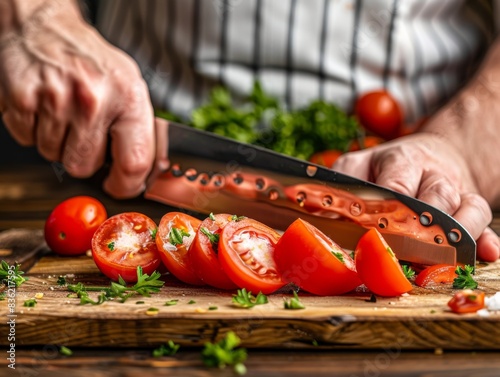 Close-up of hands cutting fresh tomatoes on a wooden chopping board with a knife.