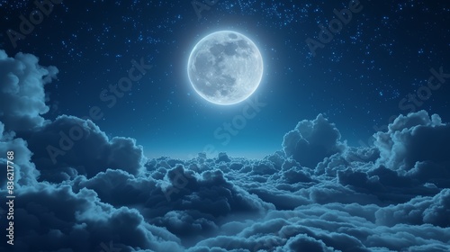 Beautiful realistic flight over cumulus lush clouds in the night moonlight. A large full moon shines brightly on a deep starry night