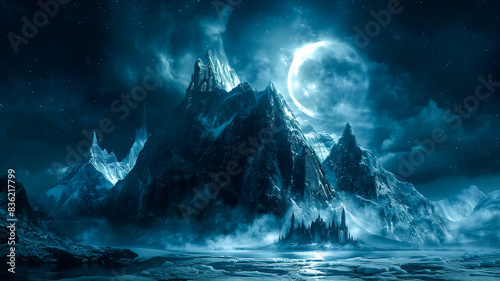 Fantasy horror landscapes.Mountain Landscape with haunted castle   spooky sky with moonlight . horror story book cover .