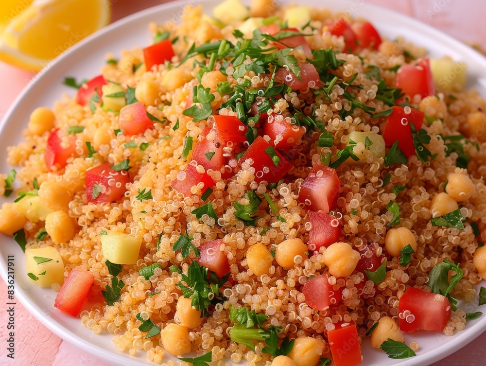 Close-up view of a fresh quinoa salad with tomatoes, chickpeas, herbs, and diced vegetables on a pink backdrop. Close-up view of a fresh quinoa salad with tomatoes, chickpeas, herbs, and diced vegetables on a pink backdrop.